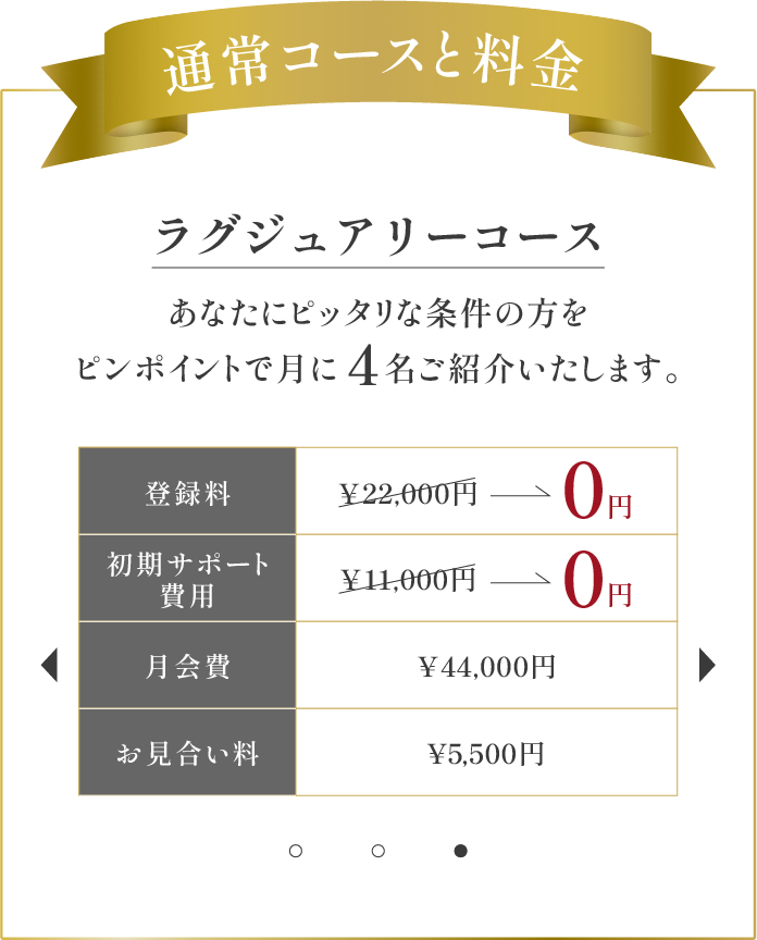 ラグジュアリーコース：月4名ご紹介、登録料・初期サポート費用無料、月会費44,000円、お見合い料5,500円